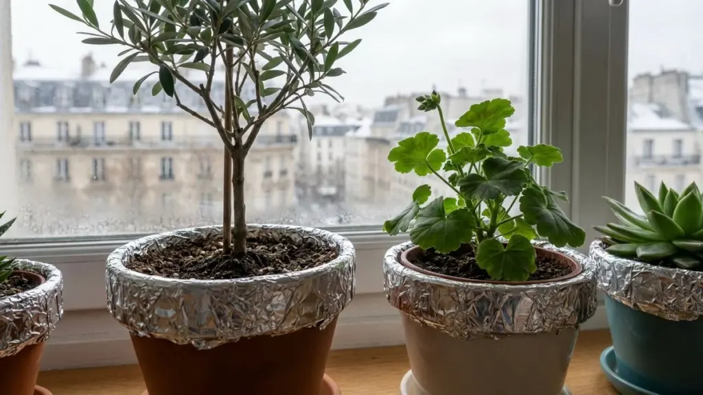 Vos plantes d&rsquo;hiver survivront grâce à ce simple papier argenté sur vos pots