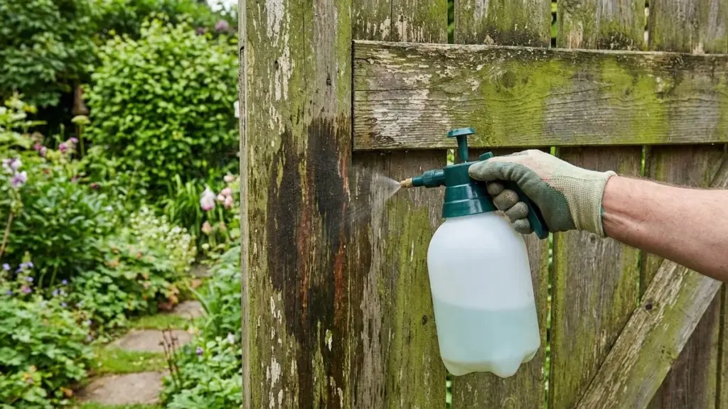 Clôture en bois envahie par le vert : un spray anti-mousse fait le travail sans frotter (ni Javel)